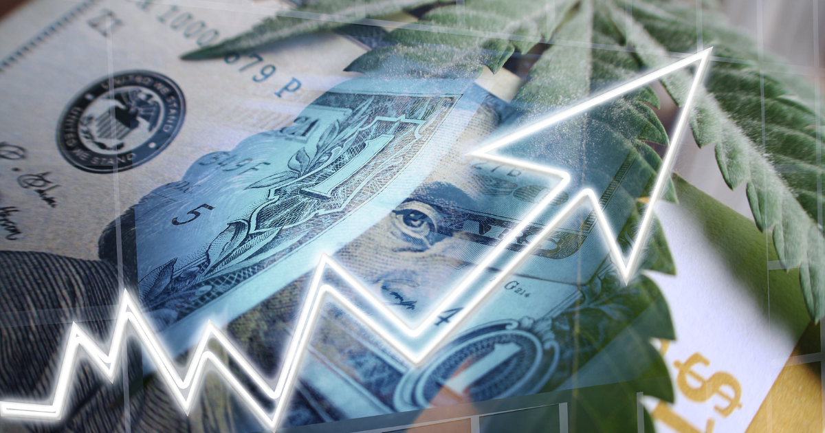 US currency overlaid with a rising line chart and cannabis leaf, symbolizing how data analytics is set to revolutionize the cannabis industry. Learn how cannabis industry data benefits everyone, from licensed operators to ancillary businesses.