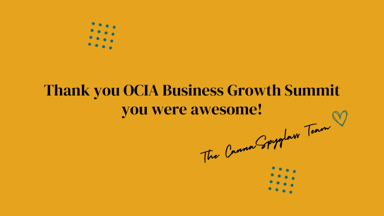 A thank you card from the CannaSpyglass team that reads: Thank you OCIA Business Growth Summit you were awesome! OCIA is the Oklahoma Cannabis Industry Association Business Growth Summit. This annual networking event was full of valuable conversations, spooky entertainment, and plenty of time on the golf course.