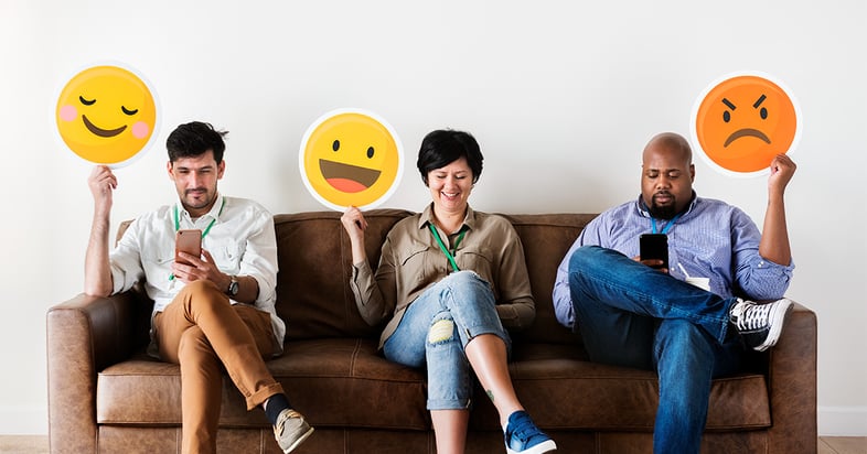 Various individuals browsing through three different cannabis data analytic providers. Each person is holding up a facial emoji that reads, from left to right, ecstatic, happy and angry. The person holding the ecstatic emoji is using CannaSpyglass.
