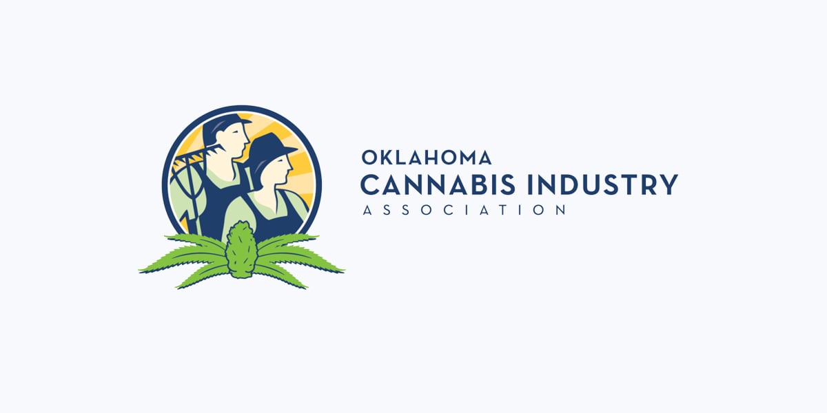 Logo of the Oklahoma Cannabis Industry Association, a partner of CannaSpyglass, a cannabis technology company specializing in data analytics services. The logo features two farmers with a cannabis plant in the foreground.