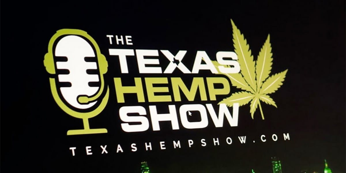 Logo of The Texas Hemp Show, a partner of CannaSpyglass, a cannabis technology company specializing in data analytics services. The logo features a microphone and a cannabis leaf, with the website address texashempshow.com.