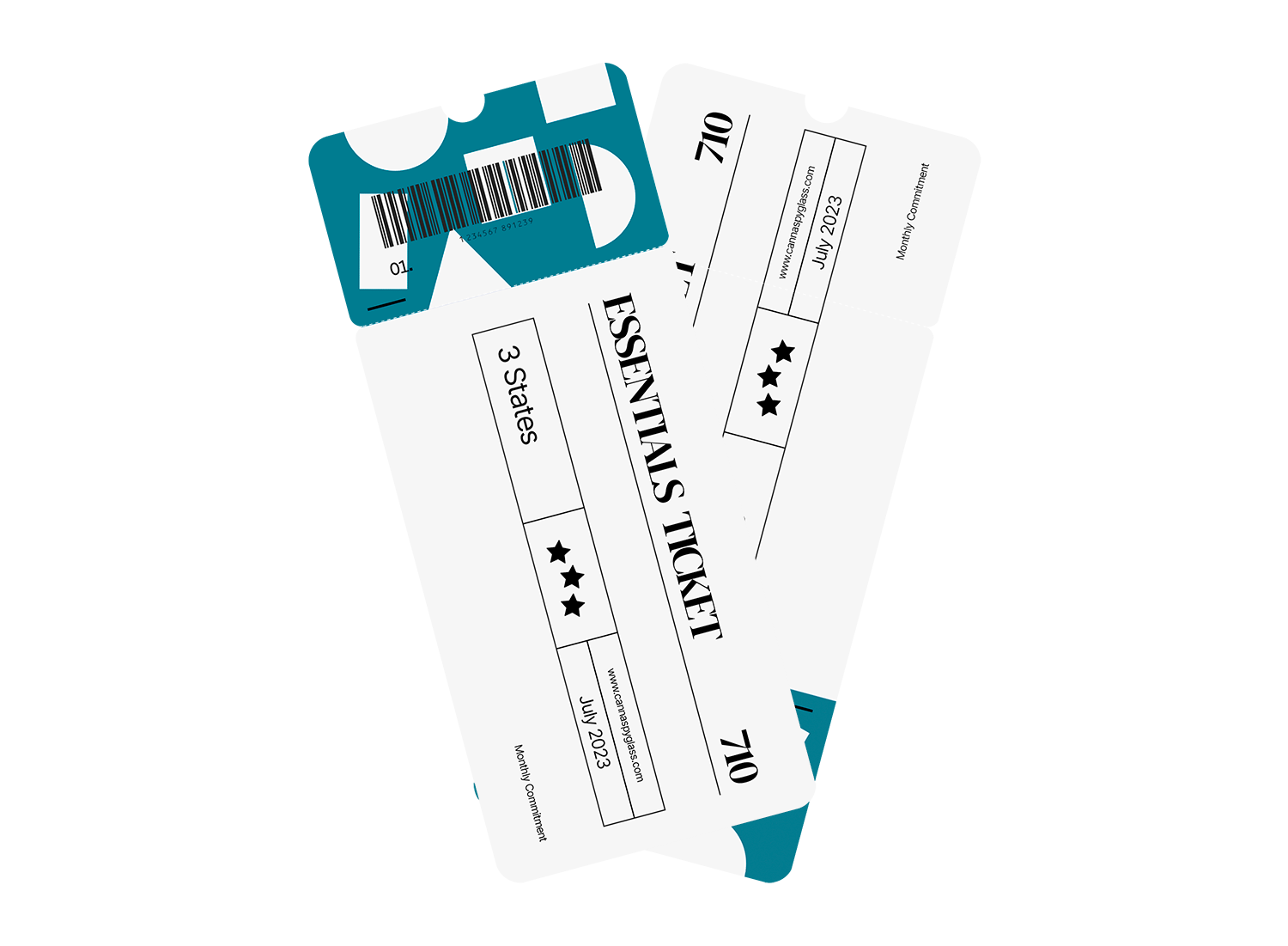 Illustration of two Essentials Tickets showcasing a customizable subscription plan for cannabis data by CannaSpyglass. The tickets are labeled 'Essentials Ticket' and feature details such as '3 States,' 'July 2023,' and 'Monthly Commitment.'